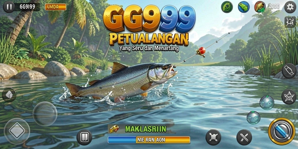 Tampilan gameplay GG999 yang seru saat memancing dengan beragam alat dan umpan.