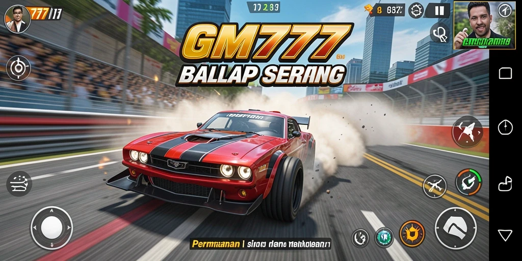 Tampilan gameplay GM777 dengan mobil balap keren di trek yang menantang.