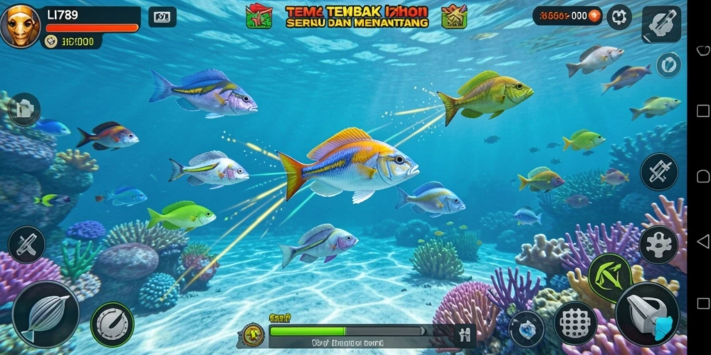 Screenshot gameplay LI789 menunjukkan aksi seru menembak ikan.